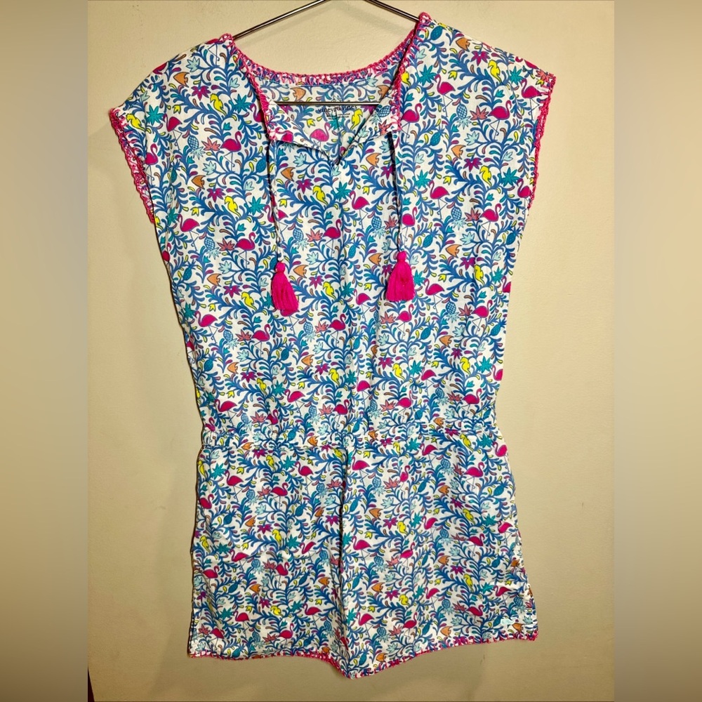 Vineyard Vines Girls Floral Swim Coverup Romper in White, Blue & Pink
